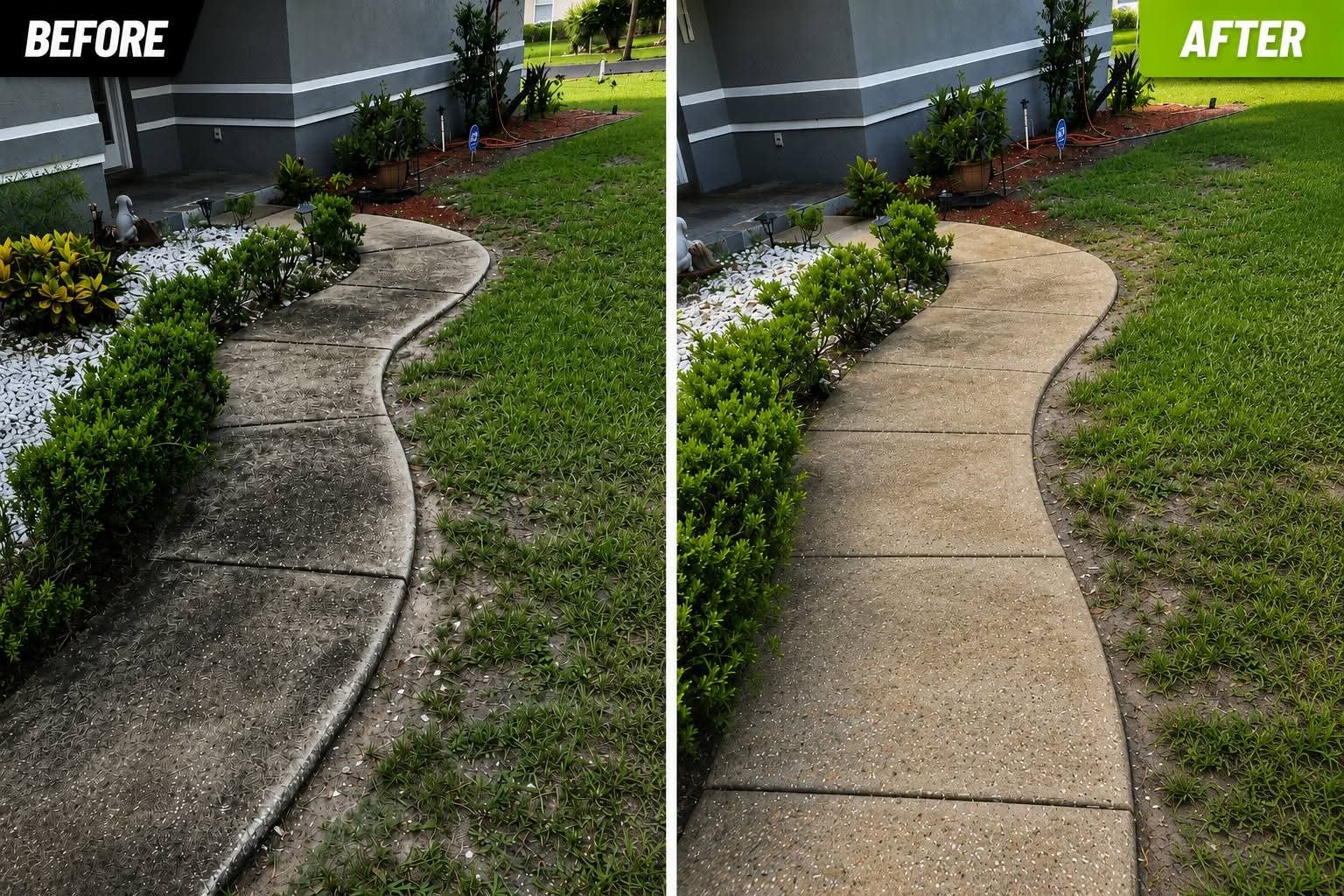 Walkway pressure washing before and after in St. Petersburg, Florida