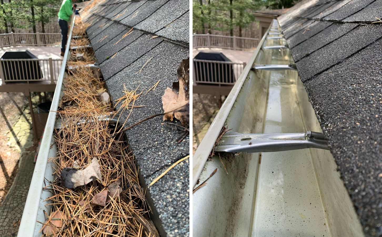 Gutter cleaning before and after — clogged gutter cleared and flushed in St. Petersburg, Florida